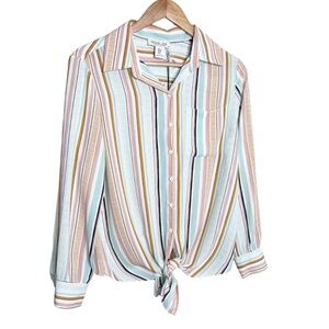 NWT‎ Rachel Zoe Striped Button Up Tie Front Long Sleeve Shirt Womens M